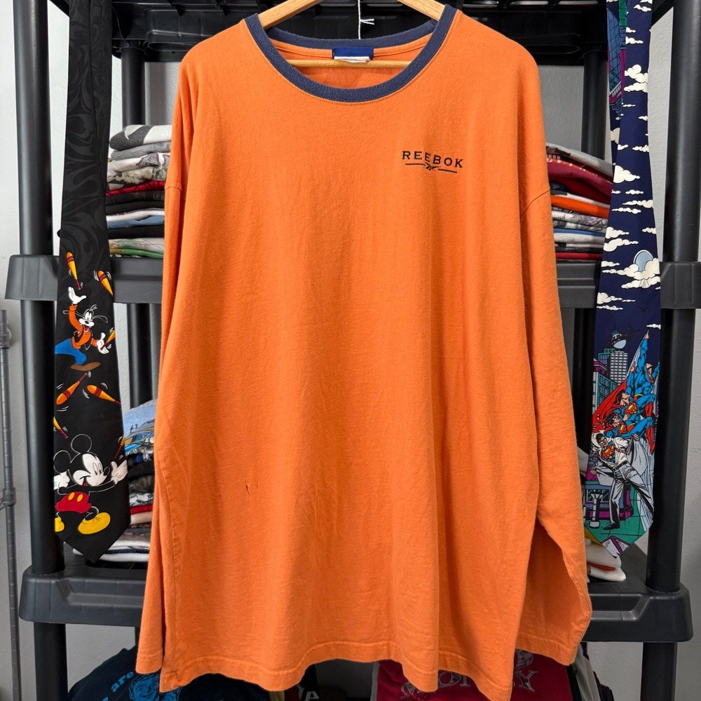 90s Orange Reebok Embroidered Logo Long Sleeve Tee 2XL Light Distressing